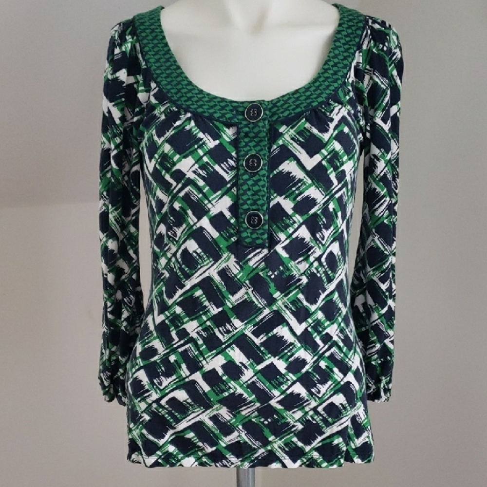 Ann Taylor Green Navy & White Geometric Patterned Women's Top, 3/4 Sleeve, Sz XS